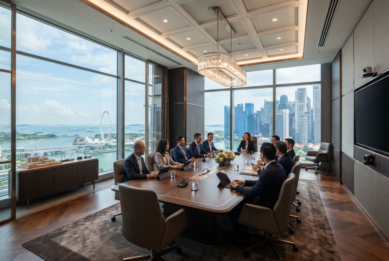 Executive team meeting in a Marina Bay boardroom with views of the Singapore Flyer and CBD towers